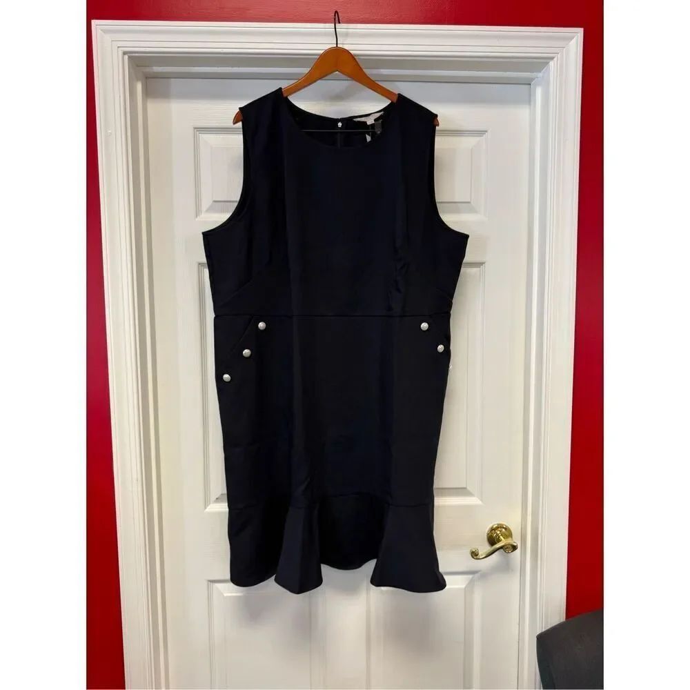 Loft Plus Navy Nautical Pearl Button Accent Sleeveless Flounce Dress sz 24 NWT